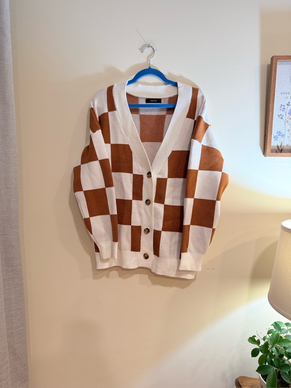 Checkerboard Button Cardigan - Cream & Brown